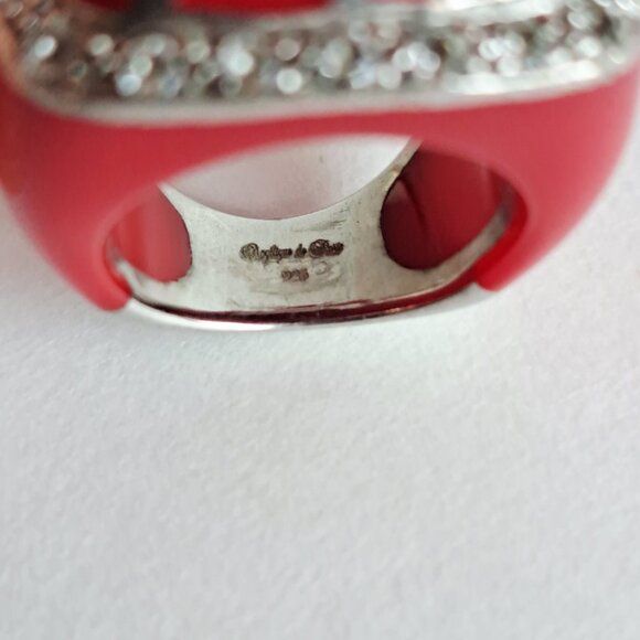 Angelique de Paris 925 Silver Zircon & Resin Red Square Ring Size 6 - Picture 10 of 12